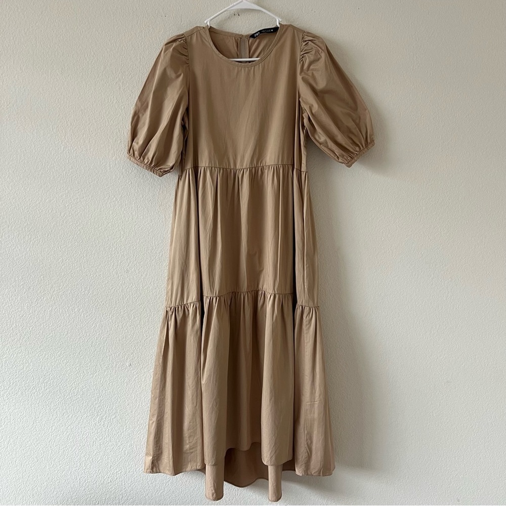 Zara Camel Tan Poplin Tiered Midi Dress Puff Sleeve Asymmetric Hem Pockets S - Picture 11 of 16